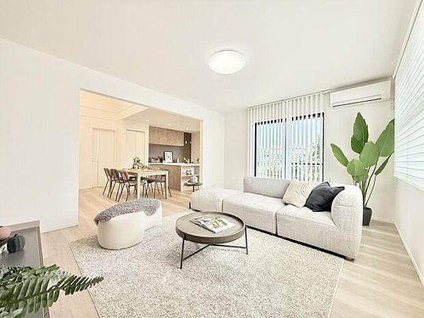 【モデルハウス3号棟　LDK】
現地モデルハウスが完成！内覧ご希望の際はお気軽にお問い合わせください。
※2025年10月撮影