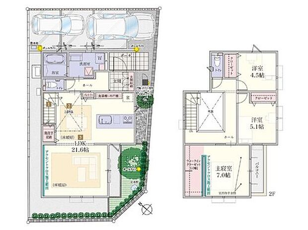 【3号棟】
最大の魅力は21.6帖のLDK！
東南角地の立地で陽あたり良好な明るい居室に加えて、フラットキッチンや吹き抜けダイニングにより、広々した空間となります。