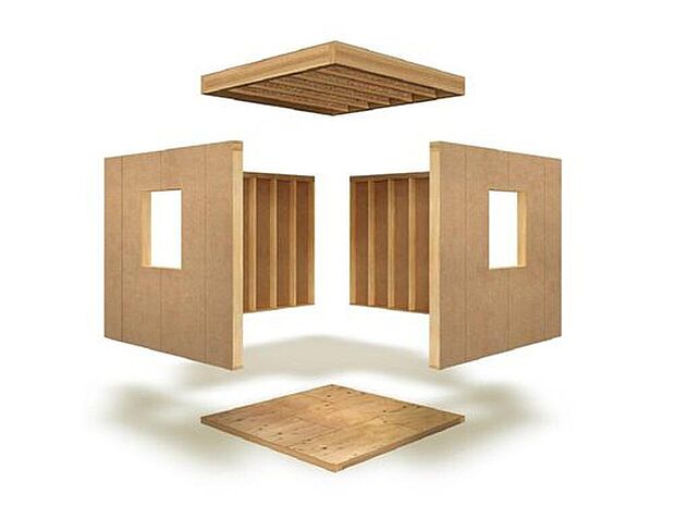 【【ツーバイフォー工法(枠組壁工法)】】ツーバイフォー工法（枠組壁工法）が地震に強い理由は、住まい全体が床・壁・天井の６面体で構成される「モノコック構造」であること。