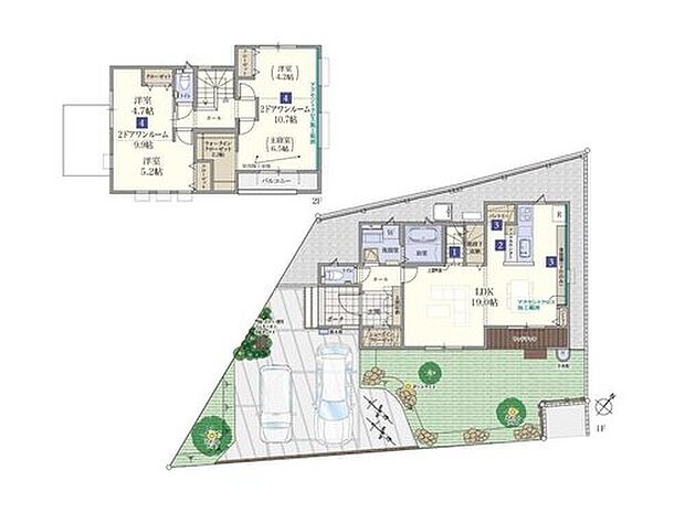 【現地モデルハウス7号棟】
2ドア1ルームが2つある[家族の成長に寄り添う］プラン
シューズクローゼットやパントリーなど、あると嬉しい収納スペースが豊富です！