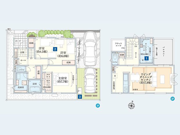 【2(3)LDK】2階LDKの住まい。
広々したランドリールームが家事効率を高めます。
2ドアワンルームは家族の状況や変化に応じて、壁で仕切ることができる居室です。