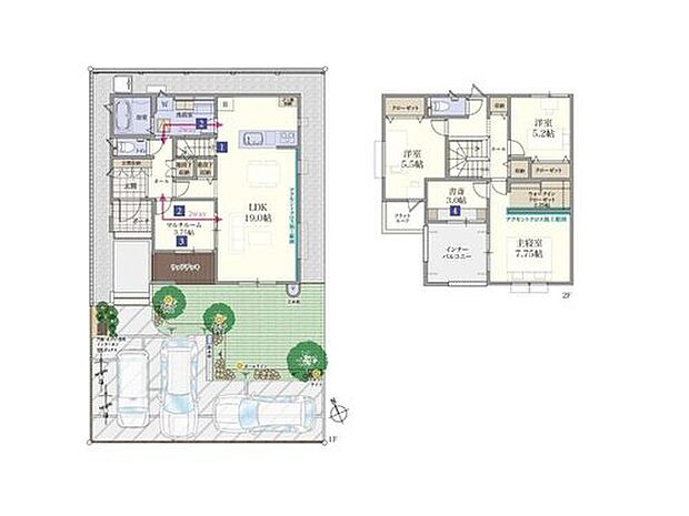 【3LDK+S】【3号棟】
2箇所の2WAY動線でどの部屋にもアクセスが良いプランです。
主寝室に隣接した書斎は扉で仕切られているので落ち着いて作業することができます！