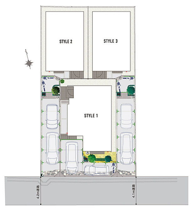 【南側道路に面した全3邸の街】
穏やかな陽光を享受できる、南側道路に面した明るい街並み。彩り豊かな植栽を添え、プライバシーにも配慮しています。各邸にカースペース2台分とサイクルスペースを確保しました。