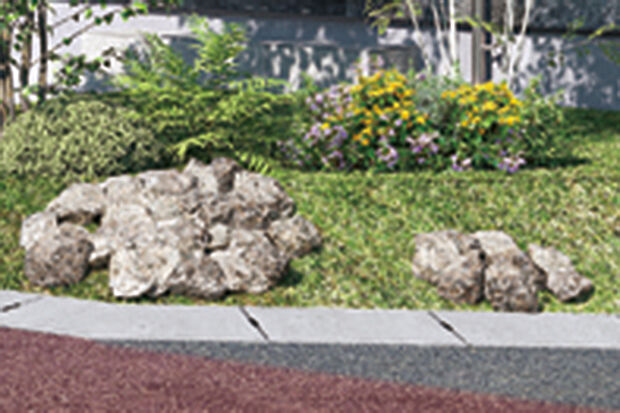 【【天然石と緑が織りなす迎賓の美】】風情あふれる天然石と緑が調和した、趣のある外構デザインを設えました。重厚な石肌が品格あふれる表情を描きます。※号棟により採用状況が異なります。