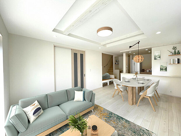 （2）号棟　明るくアクセントクロスがかわいいリビング（※家具等をCGで加工しています。家具付き販売ではございません。） 　