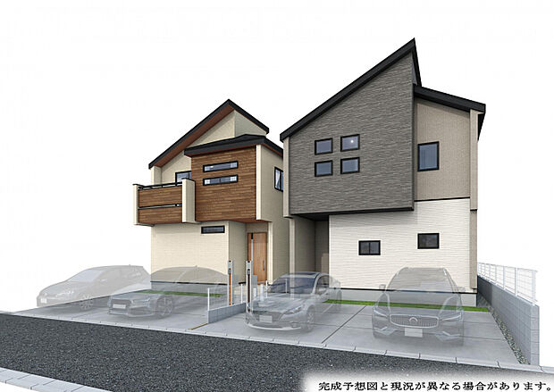 【外観完成予想図】 右1号棟 左2号棟耐震最高等級3取得+制震ダンパー搭載