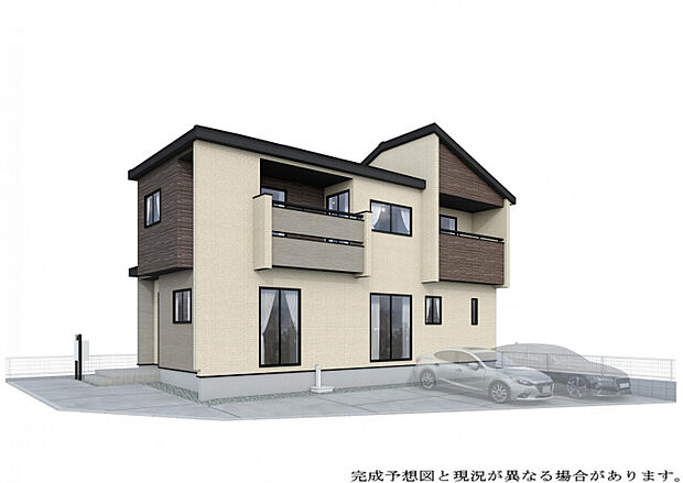 【外観完成予想図】 土地面積約47.22坪。広々としたLDKに、4部屋の洋室を配置した、ご家族皆様がゆったりと寛げる住まいです。収納スペースが充実し、日々の暮らしを整える収納計画も◎