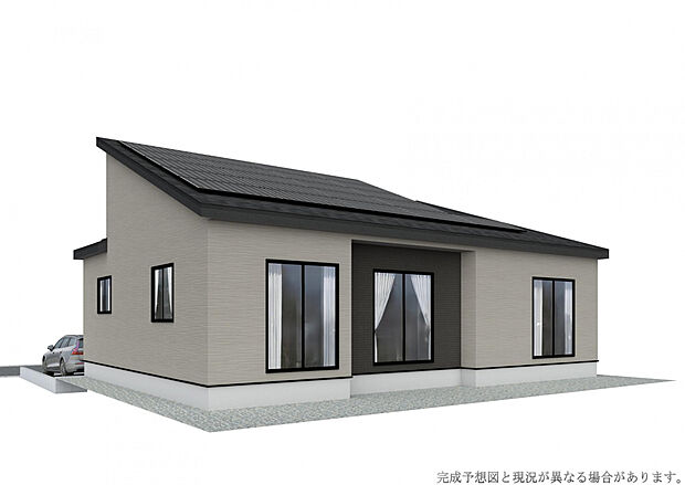 【【外観完成予想図/南側】】60坪超の敷地を贅沢に使用した「4LDK」の平屋住宅。上下移動がないワンフロアの生活動線で、子育て世帯からシニア層まで永く暮らしやすい住まいです。