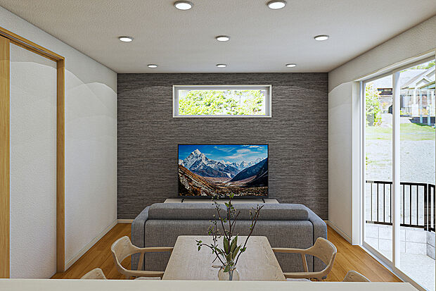 【【西庄7-7-1~6-B】内観パース】アクセントウォールには石目調の壁紙を採用。深いグレーが空間を引き締め、落ち着いた大人っぽい雰囲気を演出します。