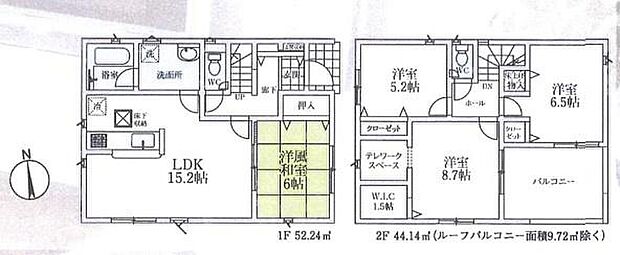 (1号棟)、4LDK+S、土地面積150.03m2、建物面積96.38m2