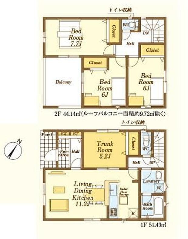 (1号棟)、3LDK+S、土地面積134.33m2、建物面積95.57m2