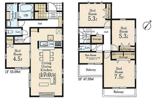 (1号棟)、4LDK+S、土地面積146.81m2、建物面積102.46m2