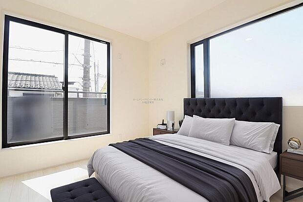 【洋室】大きなベッドを置いてもゆとりのある広さ!収納完備しておりますので、家具が少なく済みます!お掃除もラクラクですね♪※家具をCGで加工しています。家具付き販売ではございません。