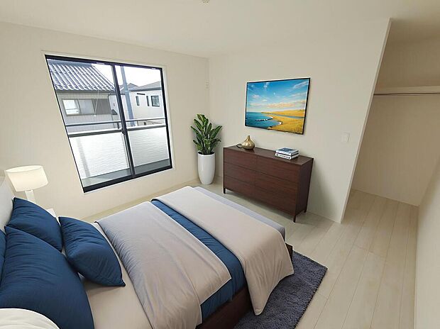 【主寝室】3号棟 大きなベッドを置いてもゆとりのある広さ!収納完備しておりますので、家具が少なく済みます!お掃除もラクラクですね♪※家具をCGで加工しています。家具付き販売ではございません。