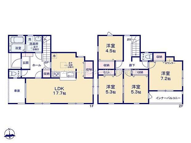 【4LDK】☆ビルトインガレージ・大型パントリー付き☆
また雨が降っていても買い物の荷物を取り込みやすいガレージ付き♪キッチンには大型のパントリーがあるので、まとめ買いした食糧等たっぷり収納できます！