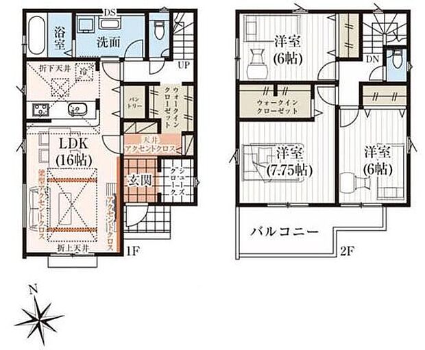 【3LDK】☆全居室６帖以上♪☆
成長につれて増えてくるお子様の荷物も、気にすること無くのびのびとしたお部屋を用意してあげられますね！１階廊下には通り抜け可能なWIC完備♪
