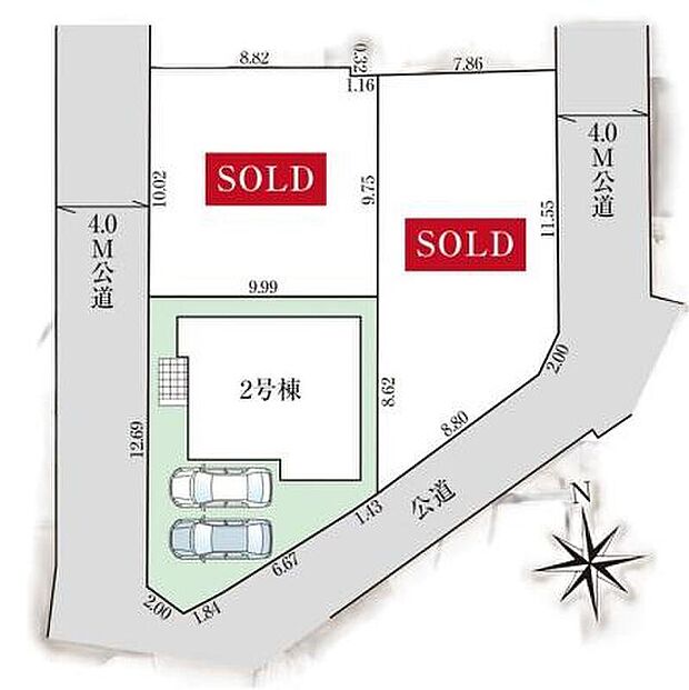 【全体区画図】３方向を公道に囲まれた通風採光良好な立地！東武東上線「霞ヶ関」駅徒歩４分♪毎日の通勤通学にも大変便利です！カースペースは並列２台分♪