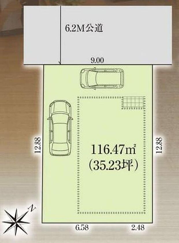 【全体区画図】きれいな整形地を生かして開口部を広く設計しました♪カースペース２台分（車種による）♪駐輪場や来客用の駐車スペースとしてもお使いいただけます。