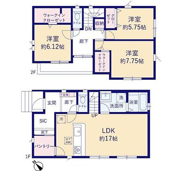 【3LDK】WIC２カ所・SIC・パントリー完備！収納充実の間取りです♪ワンフロアタイプの１７帖LDKにはリビング階段を採用！暖かい光が降り注ぐ、温もりあふれるお住まいです♪