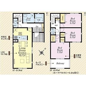 対面式システムキッチンを配した１６帖超LDK♪７帖超の主寝室にはシングルベッド２台やキングサイズを置いても、ドレッサーやテレビ、チェストなどを置く余裕が生まれます！ 