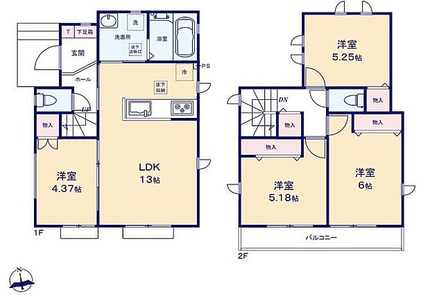 【4LDK】対面式システムキッチンを配した１３帖LDKに隣接する洋室を開放すると１７帖超えの対空間に！水回り集中設計で毎日の家事も捗ります♪全居室収納完備♪