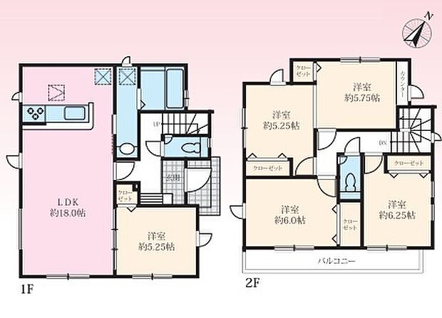 1号棟 ファミリータイプの４ＬＤＫ
※2階の一部屋に壁をつけることによって、５ＬＤＫにできます。（別途費用）