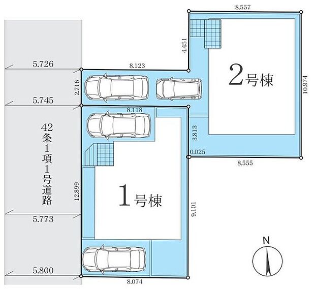 【全体区画図】駐車スペースは2台可能※車種による。