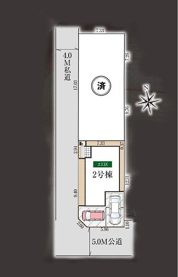 ≪全体区画図≫
南西角地☆通風・採光共に良好♪
車種により2台駐車可能です♪