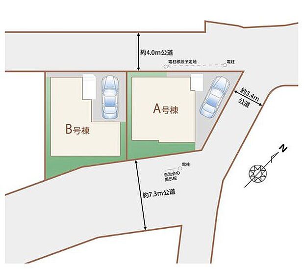 ≪全体区画図≫
三方角地(A号棟)・両面道路の開放的な立地です☆
