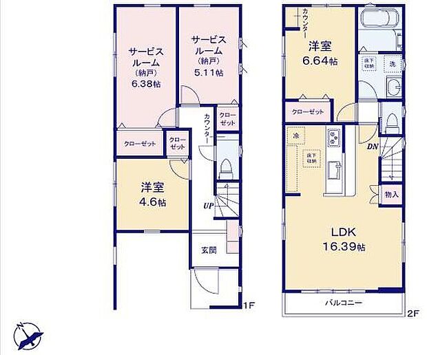 (2号棟)、価格6280万円、2LDK+2S、土地面積83.75m2、建物面積102.73m2