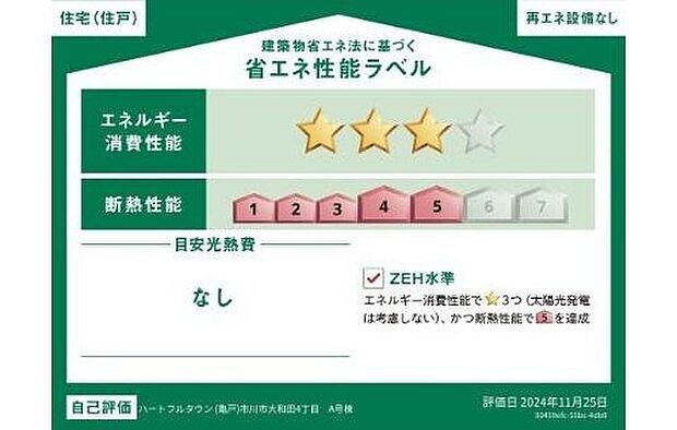 【【省エネ性能ラベル】】こちらの物件はZEH水準を満たした、省エネ性能に優れた物件です。　光熱費を抑えて暮らすことができるだけでなく、「熱の入りにくさ・逃げにくさ」という観点でも影響を受けにくい建物のため、長く快適にお過ごしいただけます♪　※本ラベルは特定の住戸の性能を示すものであり、全ての住戸の性能を示すものではありません。
