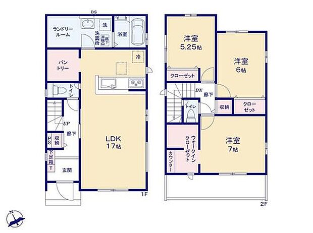 【3LDK】キッチン横の広々したパントリーで備蓄品から調理器具までしっかり片付きます◎
洗面室の隣には、ゆとりあるランドリールームを採用♪主寝室には大容量のWIC付きです！
