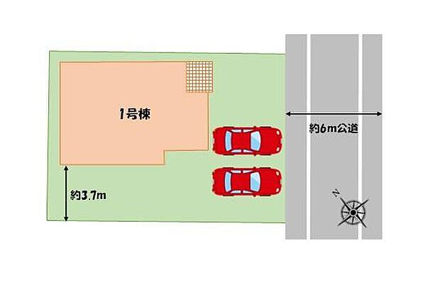 【全体区画図】カースペースは並列2台ご用意しています☆
前面道路は約6ｍと広々しておりますので、駐車もしやすいです♪