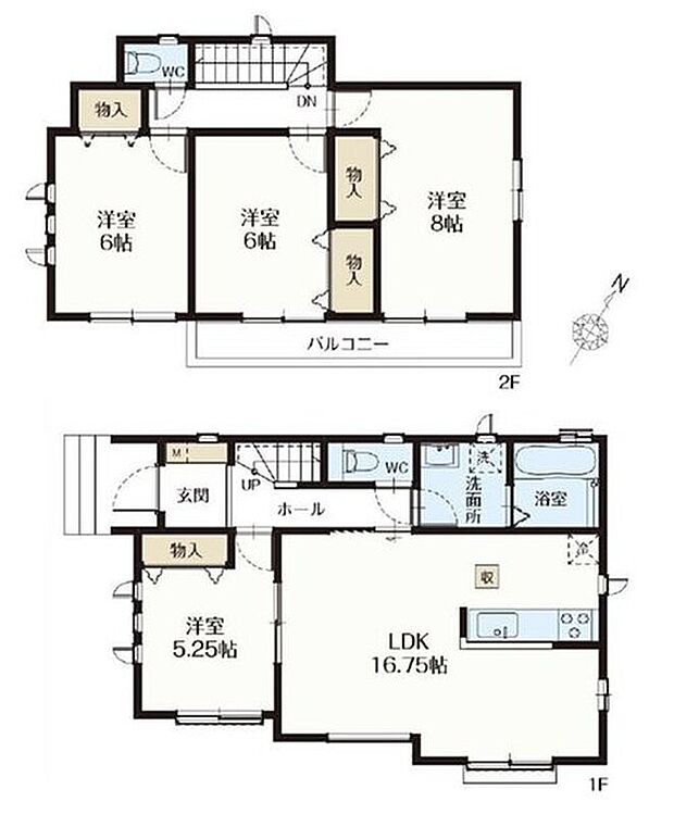 【4LDK】全居室南向きの日当たり良好なお住まい☆対面式キッチン採用でご家族のコミュニケーションが増える間取りです。
水周り集中設計で家事動線がスムーズ♪2階は全居室に収納完備!