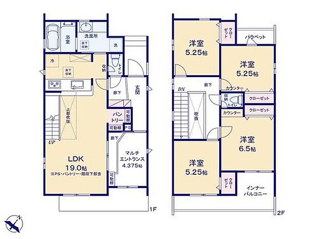 【4LDK】19帖のLDKは対面キッチンと折り上げ天井、階段部分は吹抜を採用し、開放的な空間になっています☆
約4帖のマルチエントランスは、お子様やペットの遊び場としても使用できます♪