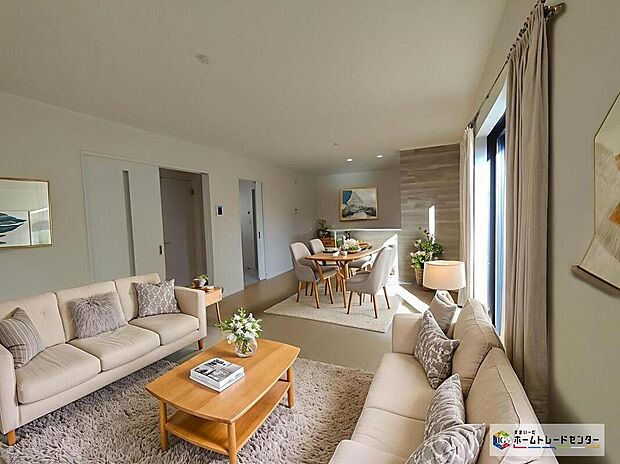 【リビング】【A号棟リビング】暖かな雰囲気のLDK。ご家族が自然と集まる穏やかな暮らしがイメージできますね♪
※こちらはCGで画像を生成したイメージ画像になります。家具などは付いておりません。