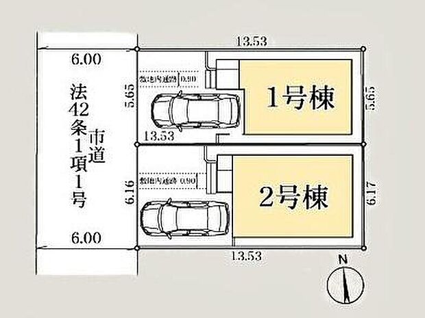 【全体区画図】前道が6mあるので、車庫入れが苦手な方でも安心して入れられます♪