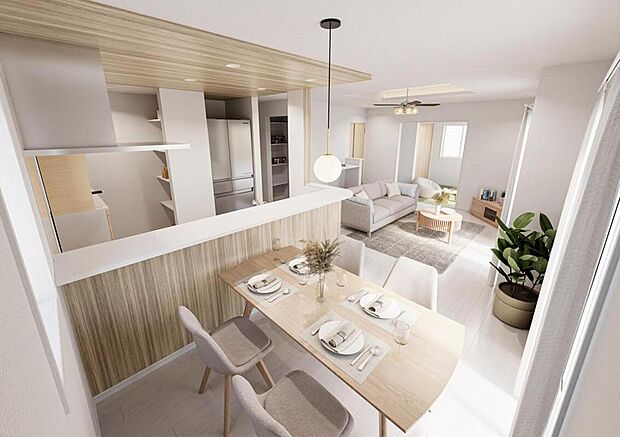 【リビング】【内観イメージ】(2号棟)
贅沢なほどの大空間LDKは家族で過ごす時間が楽しみになりそうです♪
※こちらはCGで画像を生成したイメージ画像になります。家具などは付いておりません。