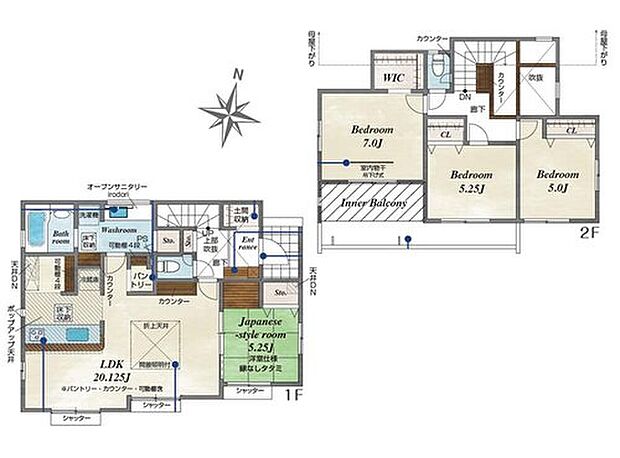 【4LDK】折り上げ天井の20帖超えリビングは開放的あふれる空間です!
憩いの洋風和室あり◎キッチンには便利なパントリー付き♪
WIC・土間収納を完備!室内物干し付きで毎日のお洗濯も快適♪