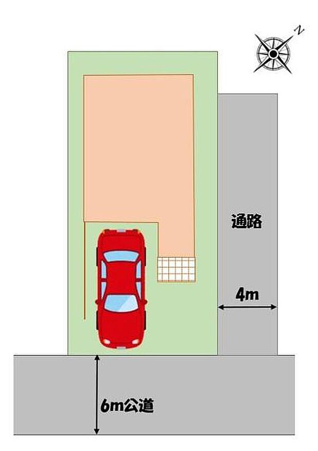 【全体区画図】前道が6mあるので、車庫入れが苦手な方でも安心して入れられます。雨の日も濡れずに降りられるビルトインガレージ。ビルトインガレージの車庫は雨からお気に入りのお車を守ってくれます♪