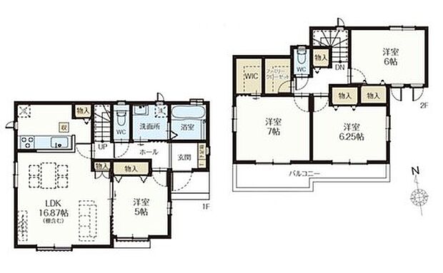 【4LDK】16帖の広々LDK＋隣洋室の間仕切り開放でさらに大空間LDKに♪
2階は全居室6帖以上！ご家族それぞれのプライベート空間も充実♪
WICやファミリークローゼットを備え収納力抜群♪