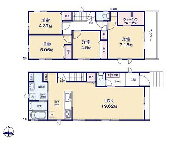 【4LDK】◇LDKは広々19帖超☆対面式キッチン＆リビングイン階段採用♪
◇居室を2階に集約し、プライバシーにも配慮♪全居室収納完備☆
◇ゆったり約7帖超の主寝室にはWIC＆広々バルコニー付き◎