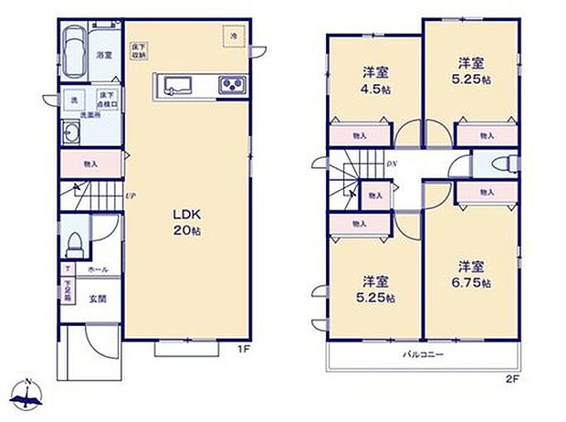 【4LDK】◇開放感溢れる20帖LDK！空間にゆとりがありレイアウトが自由自在♪
◇移動が楽ちんな水回り集中設計！食洗機＆広々洗面室で家事も快適♪
◇リビングやホールに収納があるので共有スペースもすっきり片付きます♪