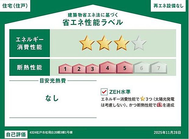 【【省エネ性能ラベル】】こちらの物件はZEH水準を満たした、省エネ性能に優れた物件です。　光熱費を抑えて暮らすことができるだけでなく、「熱の入りにくさ・逃げにくさ」という観点でも影響を受けにくい建物のため、長く快適にお過ごしいただけます♪　※本ラベルは特定の住戸の性能を示すものであり、全ての住戸の性能を示すものではありません。

