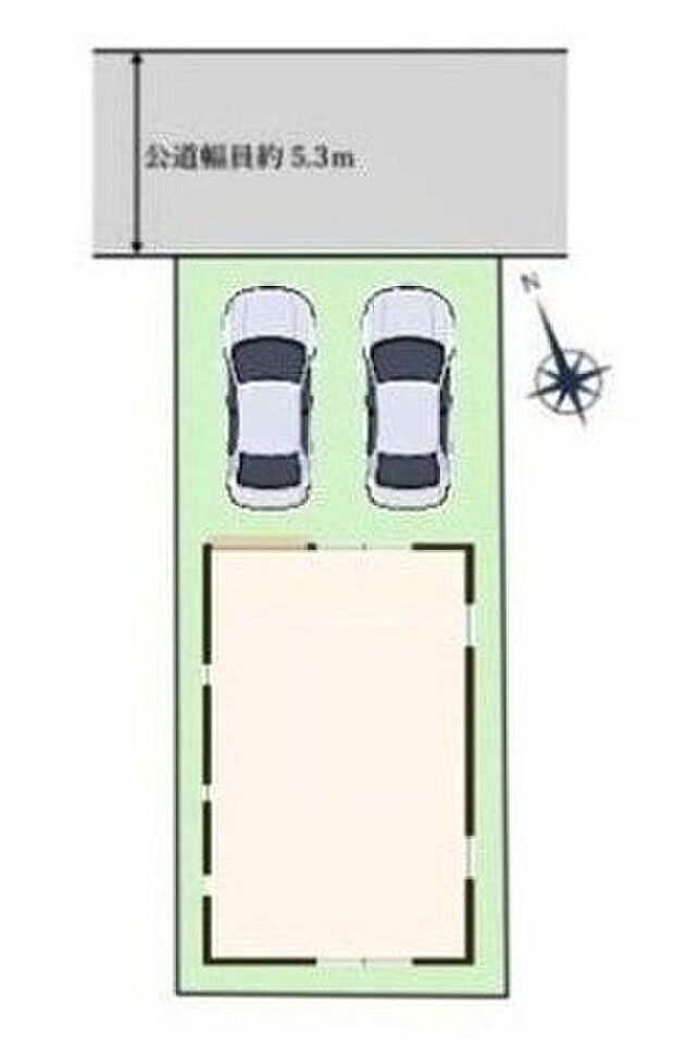 【全体区画図】お車2台分の並列駐車が可能です。セカンドカーをお持ちのご家庭にもおすすめです♪空いたスペースにはご家族の自転車の駐輪もできます！