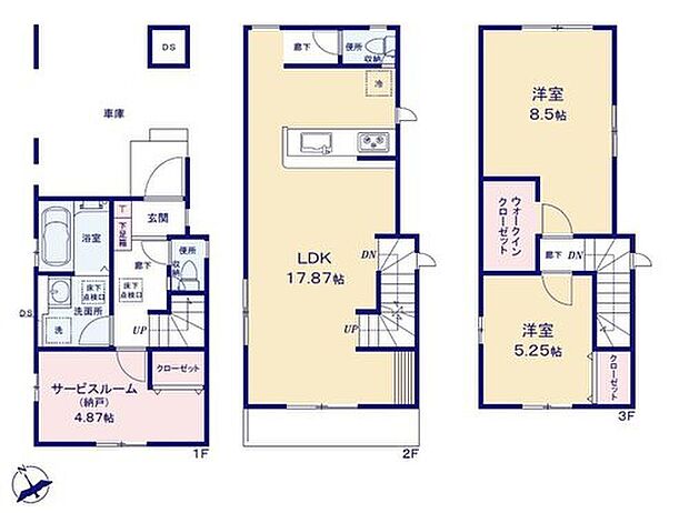【2LDK+S】☆道路からの視線が気にならない2階リビングの3階建て☆
WIC付きの主寝室は8.5帖♪衣類を吊るし収納で管理もラクラク◎
1階の納戸は収納はもちろん、お子様の成長に合わせて個室としても使えます。