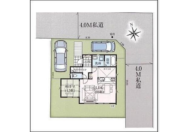 【全体区画図】北東側4.0m私道、南東側4.0m私道の角地になっていて車の出し入れがしやすい!!