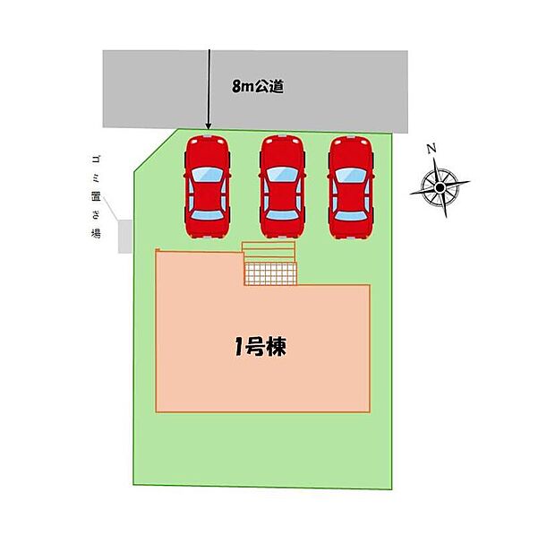 【全体区画図】道幅も広く、お車の出し入れもラクラク♪
カースペース3台確保!