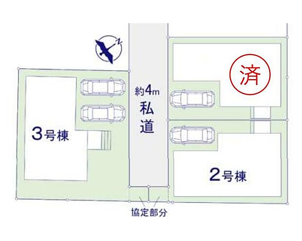 【全体区画図】車1~2台分の駐車スペースをご用意いたしました!前面道路や約4m。行き止まり道路に面しているため車の往来が少なく小さいお子様も安心です♪
