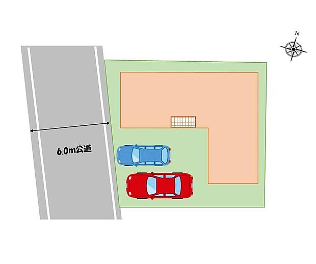 【全体区画図】開放的な6m道路に面しており、お車の駐車もラクラクです♪カースペース並列2台可能(車種による)です♪